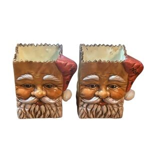 Vtg Christmas Ceramic Santa Face Bag Decor Set Of 2 Hand Painted Signed